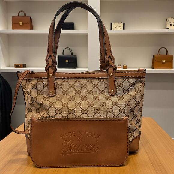 Auth GUCCI Brown GG Canvas Craft and Leather Tote Bag - Picture 1 of 16